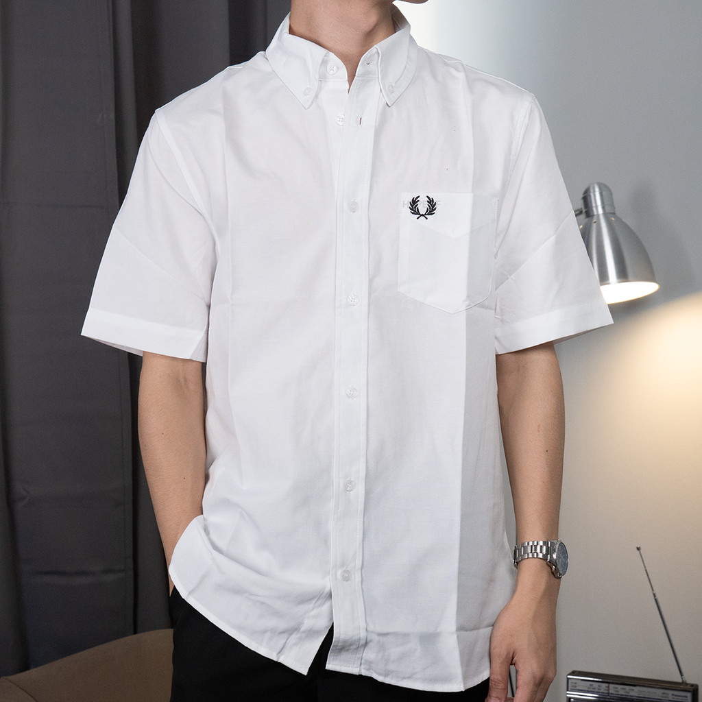 FRED PERRY Black Logo White Short Sleeve Shirt Kemeja Lengan Pendek Original