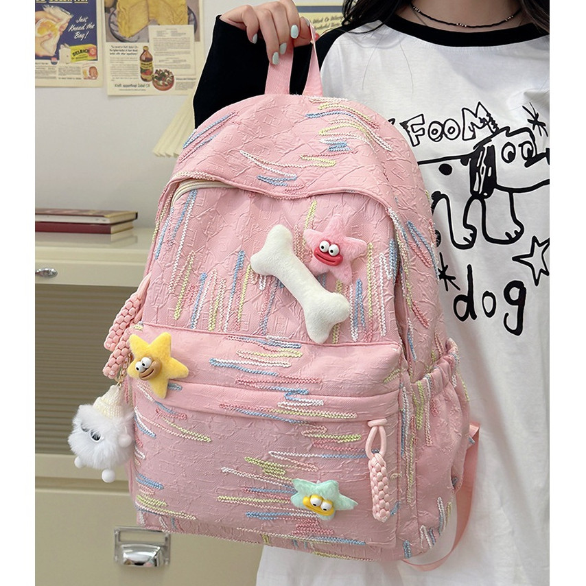 Tas Sekolah SMA Korean Style Tas Sekolah Pink Backpack Ransel Perguruan Kapasitas Besar  Tas Sekolah