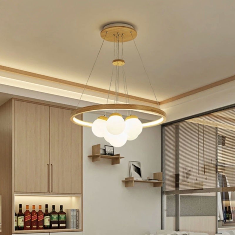 Lampu Gantung Kayu Bulat LED Bola Kaca Putih Lampu Minimalis Untuk Meja Makan Dapur Kamar Tidur