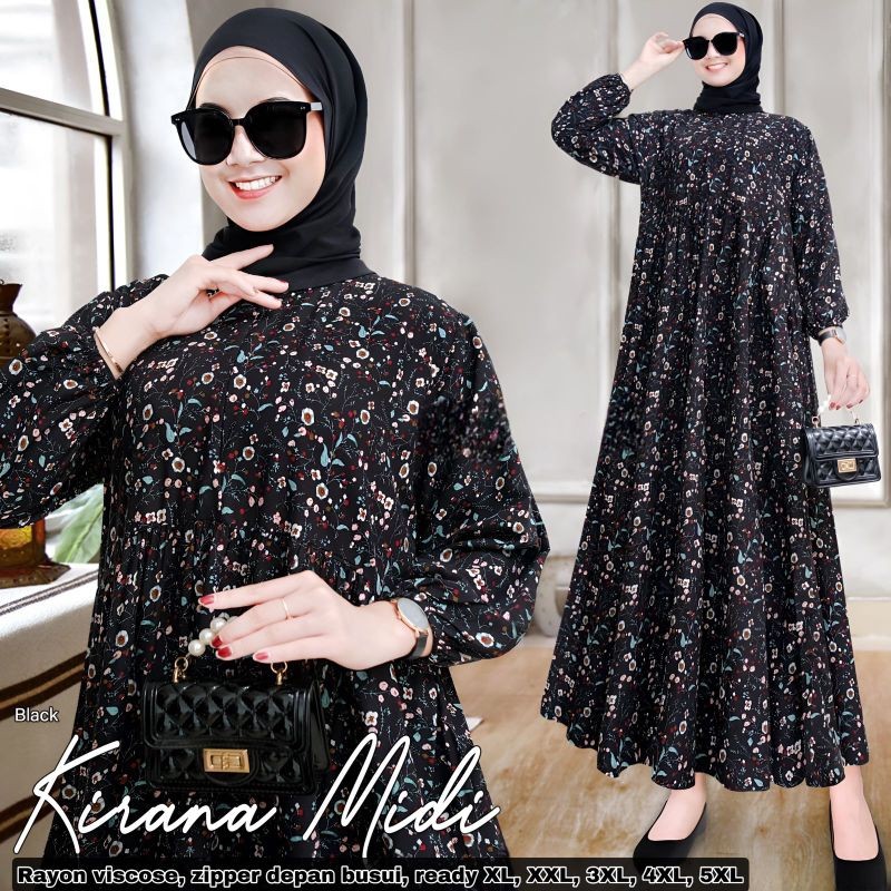 EXOGUNAR [PROMO1JAM KLIK JUDUL] KIRANA Midi Dress Jumbo LD 150 140 130 120 110 PB 125 Rayon Big Size
