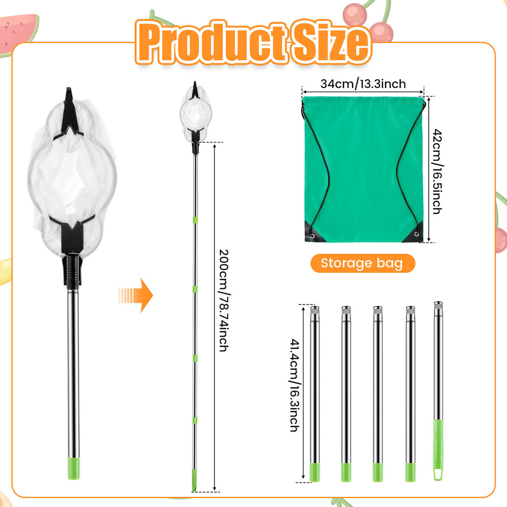 1.6/2M New Fruit Picker Stainless Steel Fruit Picking Tool with Storage Bag Garden Tree Fruit Catche