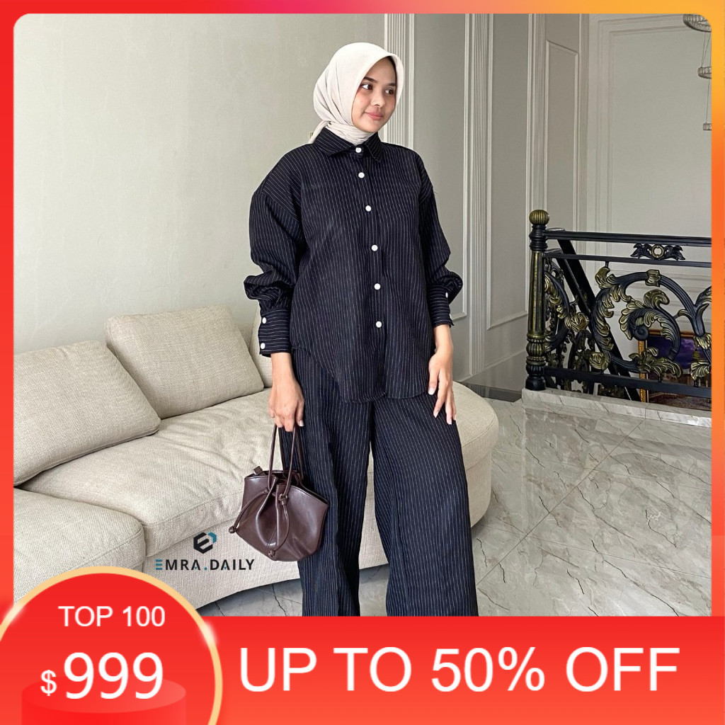 PROMO Set Kemeja Iranandha Outfit Set Oversize Salur Striped Setelan Kemeja Wanita Oversize Semiwool