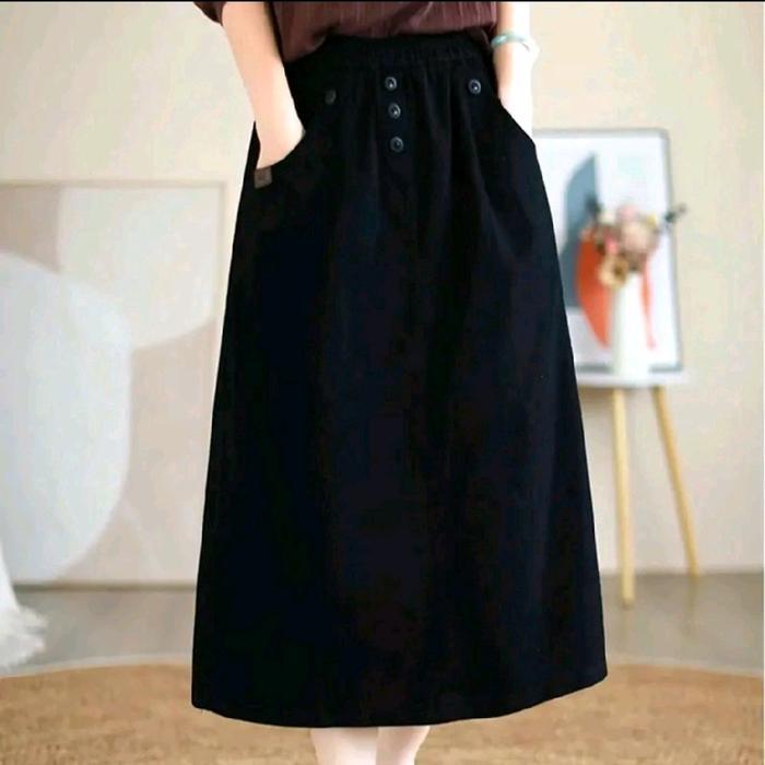[RAMAI] Rok A-line korean style wanita dewasa | rok 7/8 Karet Nyaman panjang Midi Mini - hitam