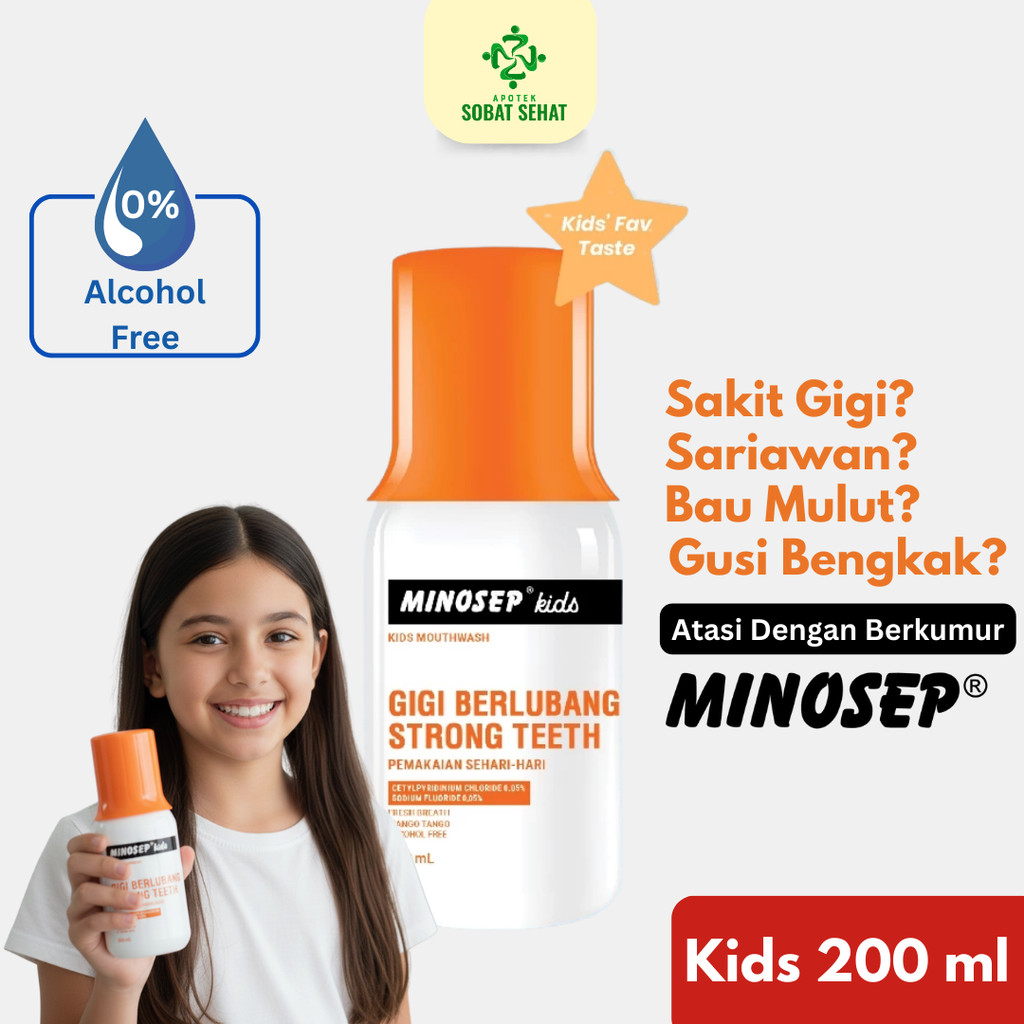 Minosep KIDS Obat Kumur Antiseptik 200ml Anak-Anak Sariawan, Sakit Gigi, Gusi Bengkak, Bau Mulut