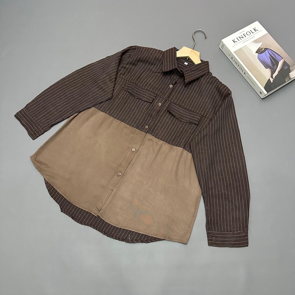 Luna Blouse Kombinasi - Kemeja Blouse Salur Mix Rayon Twill Premium - Atasan Wanita