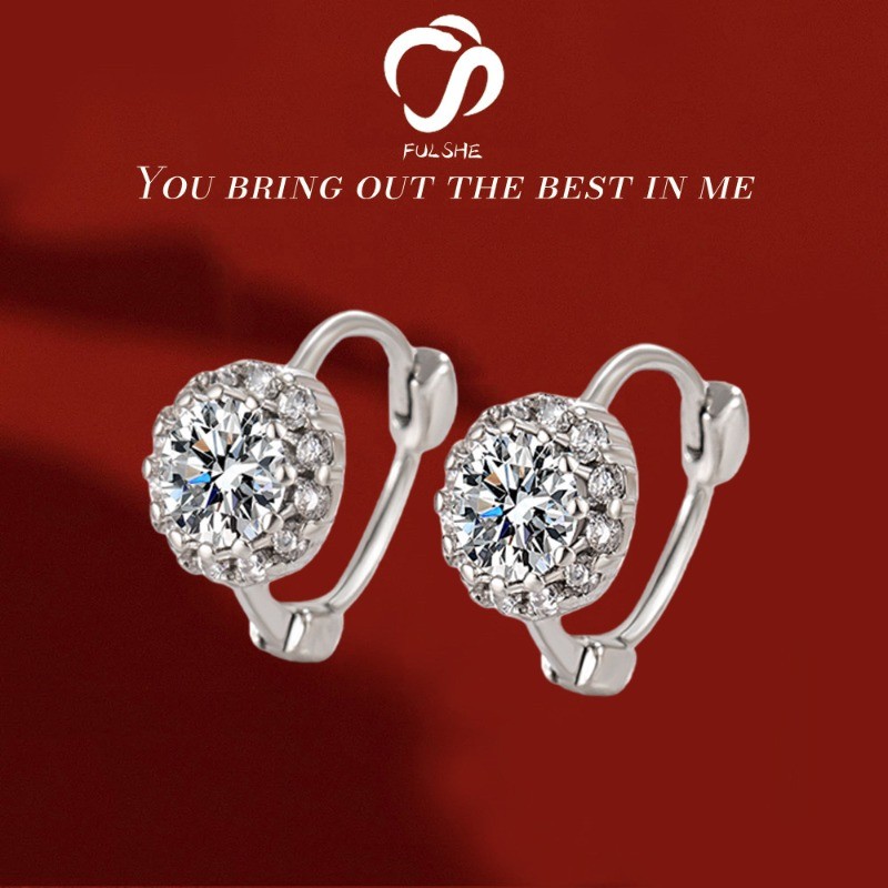 FULSHE Anting-anting Zircon Bulat Kecil 8mm Lapisan Emas Putih Gaya Korea Wanita