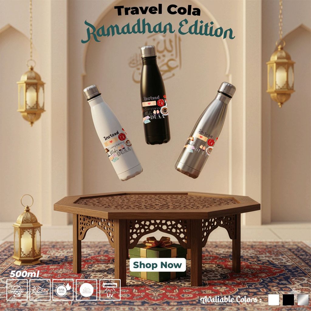 Botol Minum Stainless Steel 304 Kapasitas 500ml Edisi Ramadhan Warna Putih, Hitam, Perak Label Temat