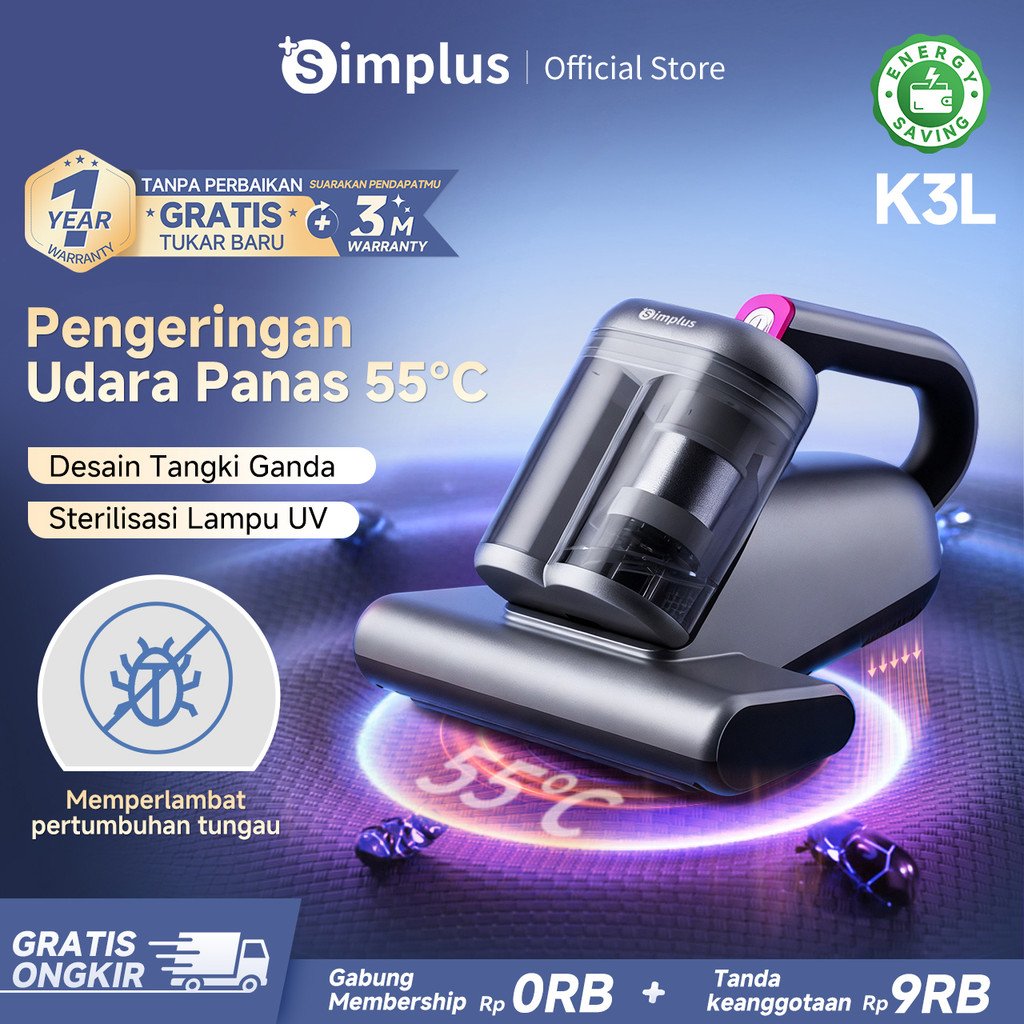 Simplus Anti Dust Mite Vacuum Cleaner Pengeringan Udara Panas 55°C Sterilisasi Lampu UV Desain Tangk