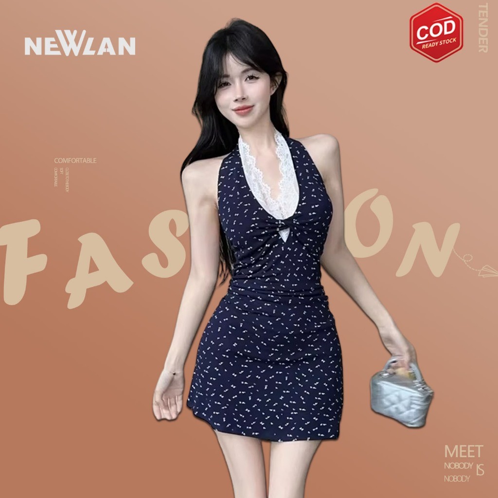 Yoohui QZ278 Dress Wanita Motif Bunga Korean Fashion Mini Dress Sexy Bodycone Atasan Sweet Halter Ve