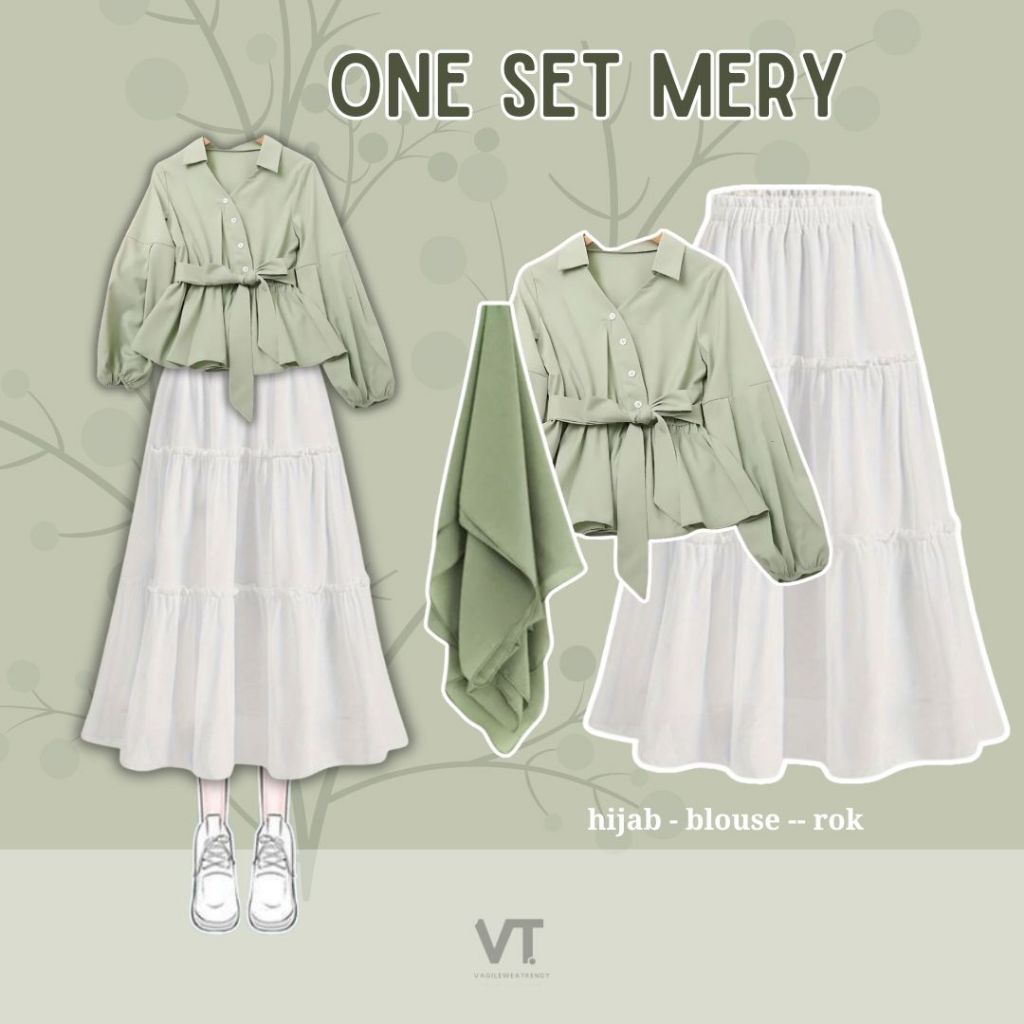 morzazani One Set Mery (Hijab, Blouse, Rok) Setelan Baju Wanita hijab OOTD Korea