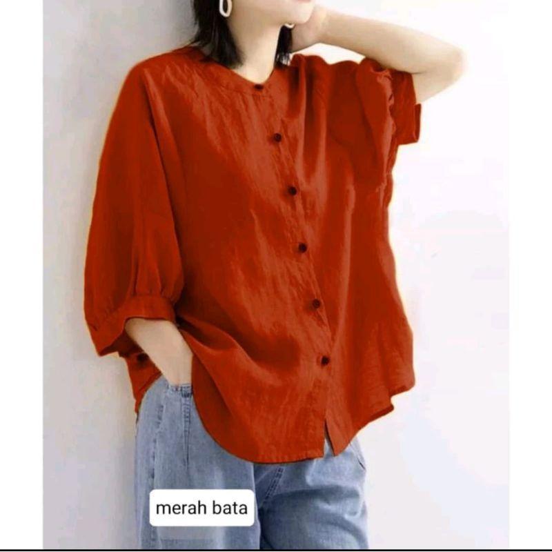 BLOUSE WANITA LINEN LEHER SHANGHAI JUMBO KEMEJA WANITA PREMIUM KERAH SHANGHAI