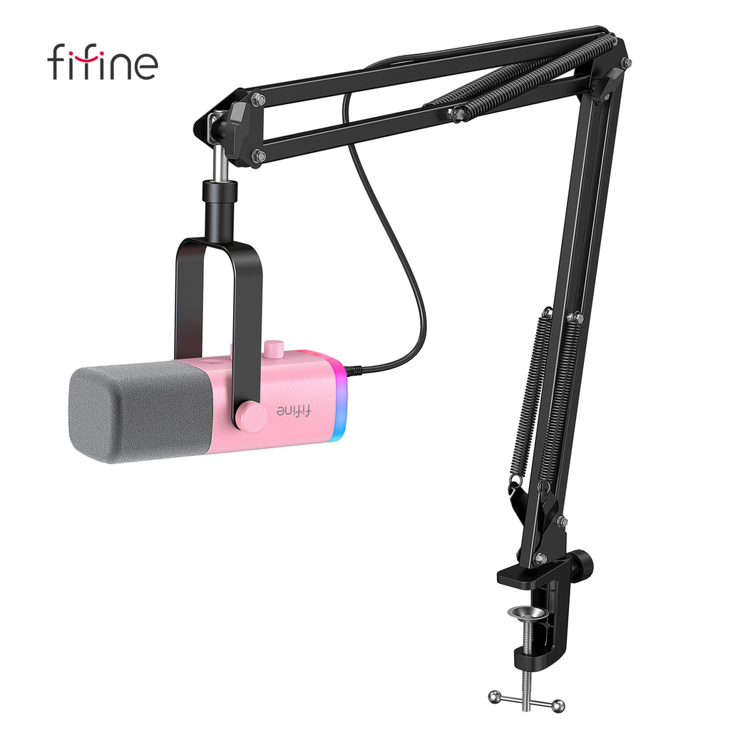 FIFINE Gaming USB/XLR Dynamic Microphone Kit with Gain Knob/RGB/Monitor,Boom Arm Mic Set for PC PS5/