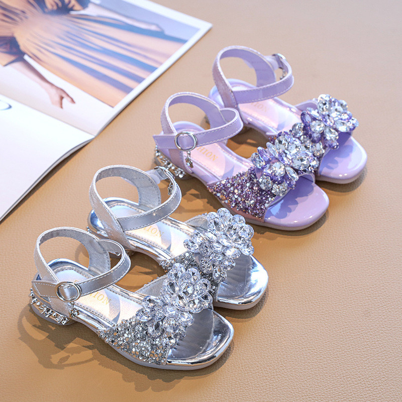 Sandal Anak Perempuan Sepatu Putri Anak Perempuan Hak Tinggi Perak Kristal Sandal Bayi Perempuan