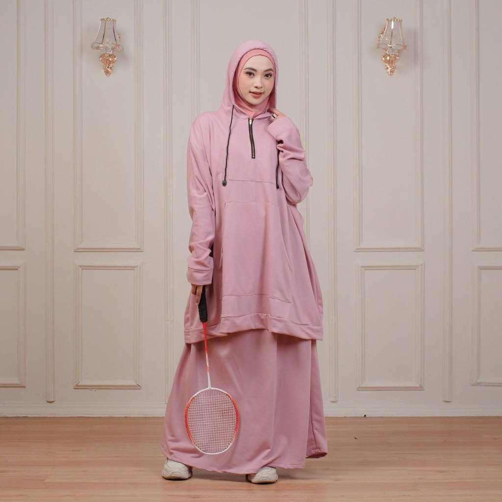 One Set Baju Muslim Modetsy Rok Tunik Atasan Jumbo Olahraga Daily Syari Ziper Busui by atalya hijab
