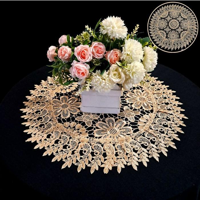 Taplak Meja Bulat Kecil 40 50 60 90 cm Shabby Chic Mewah Bordir Gold Emas Minimalis - RRB crisant 45