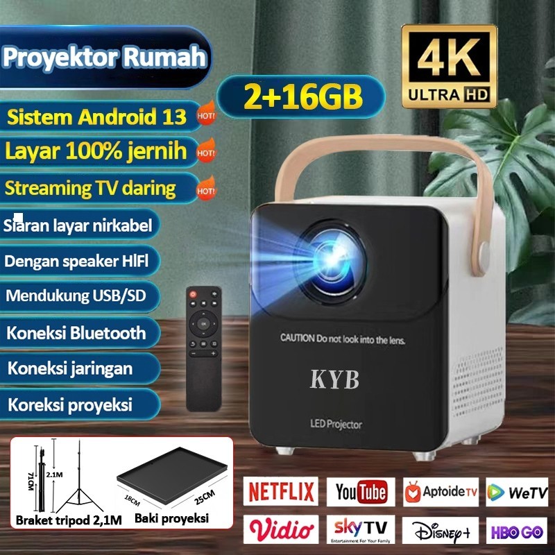 KYB T2 LED Proyektor Mini Smart Android TV 4K HD - Proyektor Portable Murah RAM 9.0