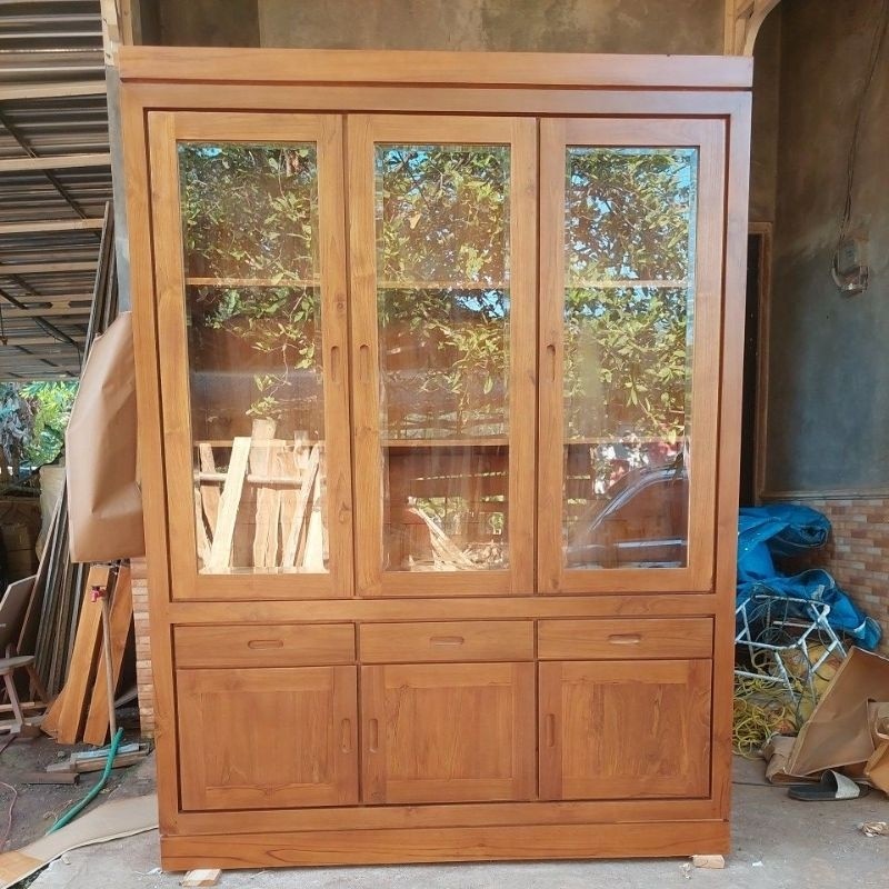 PROMO LEMARI RAK BUKU MINIMALIS KAYU JATI / LEMARI HIAS KACA /LEMARI HIAS KANTOR  MINIMALIS / LEMARI