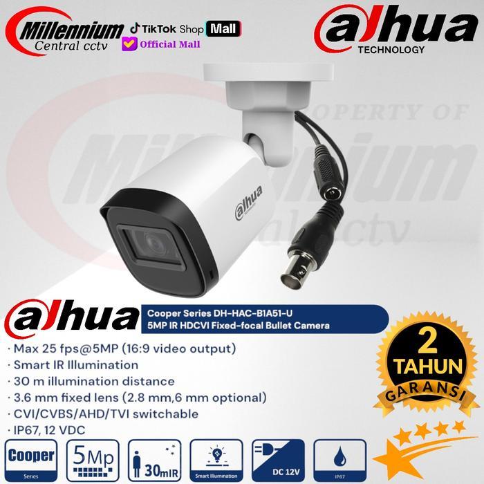 Dahua Kamera CCTV Outdoor DH-HAC-B1A51-U 5MP IR HDCVI Fokus Tetap Bullet Kamera dengan Smart IR Illu
