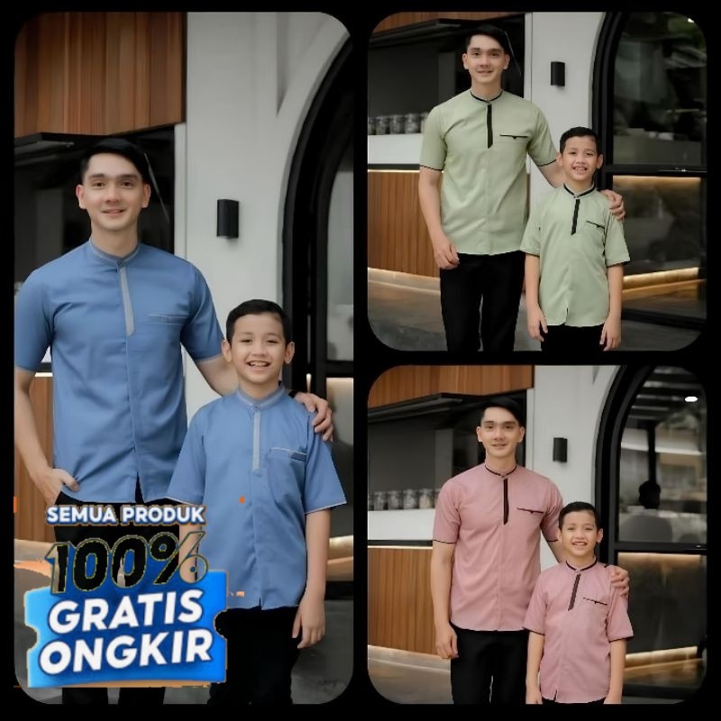 Baju Koko Couple Ayah dan Anak Warna Putih Biru Muda Bahan Katun Toyobo Import Grade A - Baju Koko L
