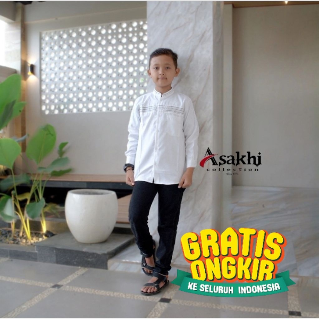 Asakhi - Baju Koko Anak Laki Laki / Baju Muslim Anak Lengan Panjang Warna Putih Motif Syamil / Nyama