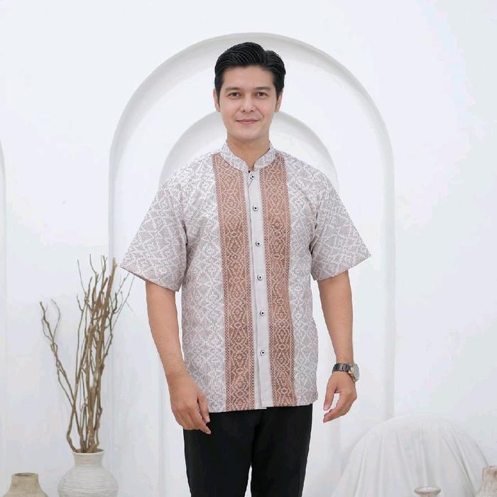 Baju Pria Dewasa Lengan Pendek Koko Murah Terbaru Cowok Muslim Katun Atasan Kurta Motif - Songket Gr
