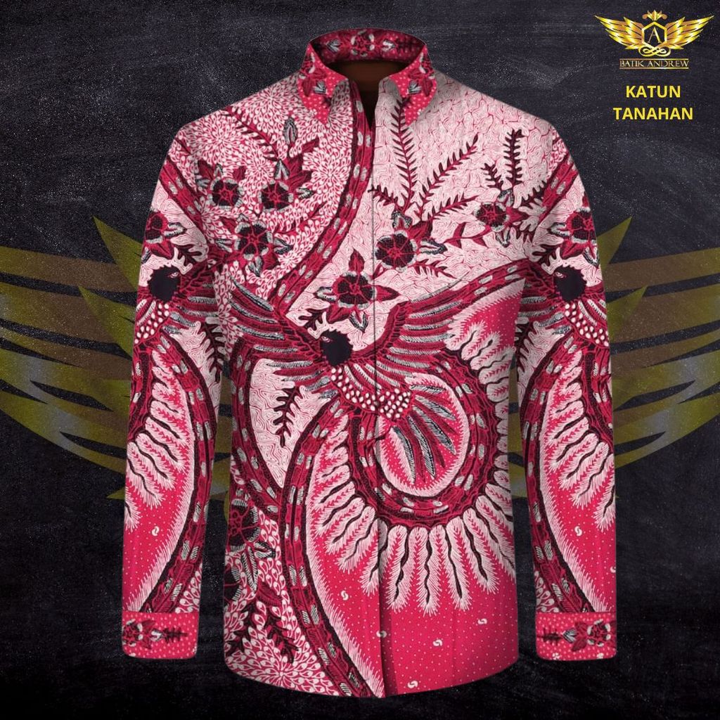 KAIN BATIK TULIS ASLI TANAHAN MOTIF 9 BAHAN KAIN KATUN KEMEJA PRIA POLA BURUNG PHOENIX MERAH