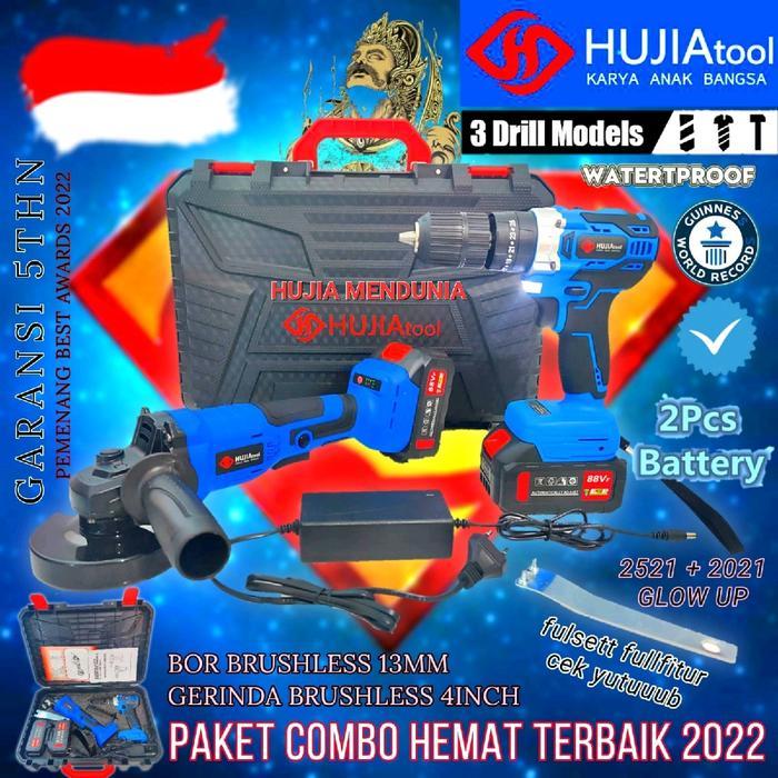 Bundling Hemat Mesin Gerinda + Bor Cordless Impact Drill Hujia Pro 2021 + 2521 88Vf, Brushless Angle