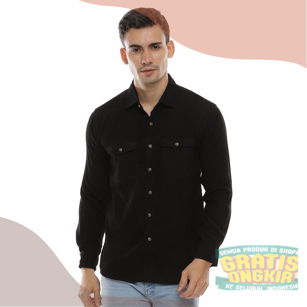 Kemeja Kodorai Lengan Panjang Kantong Dua Hitam Unisex OLR817pakaian pria lainnya