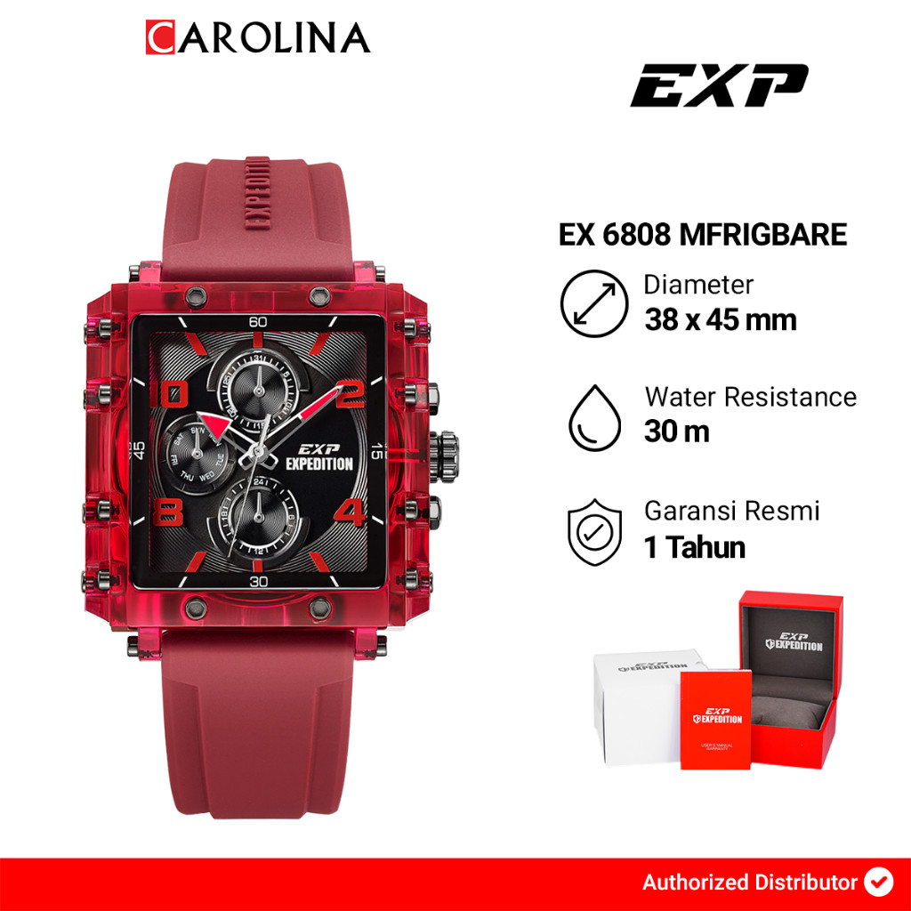 Jam Tangan Pria Expedition Exp Chronograph EX 6808 MFRIGBARE Black Dial Red Rubber Strap