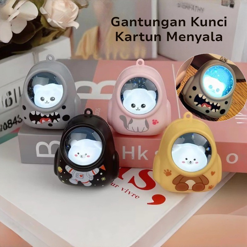 Gantungan Kunci 3D Kucing Astronot LED Lampu Malam Aksesoris Tas Backpack