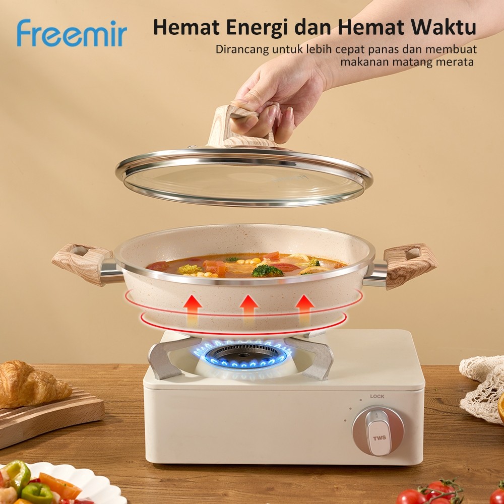 New [Rekomendasi] freemir Wajan Teflon Presto Anti Meledak Gagang Kayu Granit Anti Lengket Tutup Kac