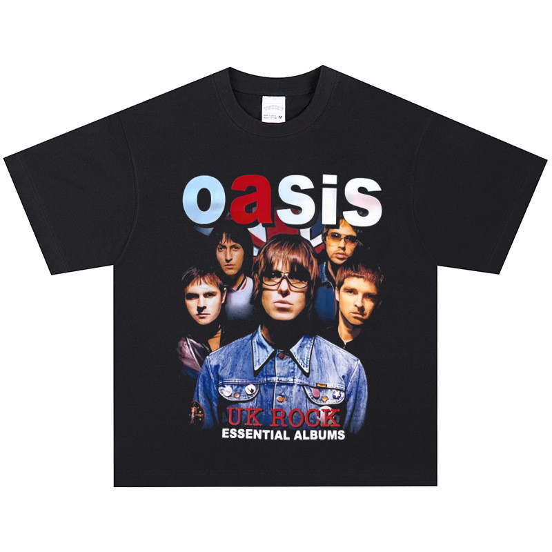 COD Oasis Band Rock American Retro Street Style T-Shirt Hip-Hop Longgar Lengan Pendek Kerah Bulat
