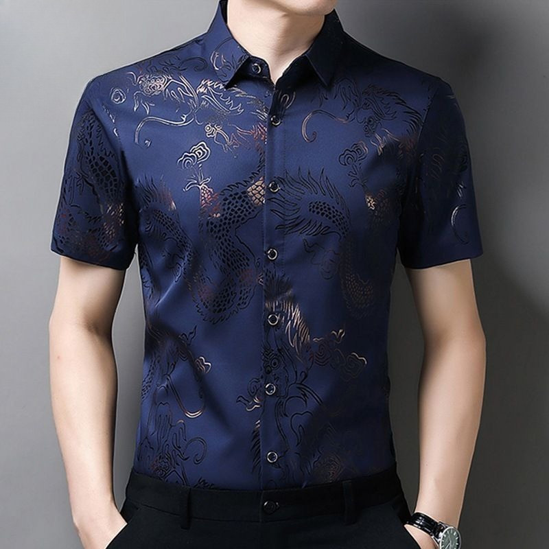 Kemeja Cetak Naga Pria Kemeja Lengan Pendek Sutra Es Tipis Bernapas