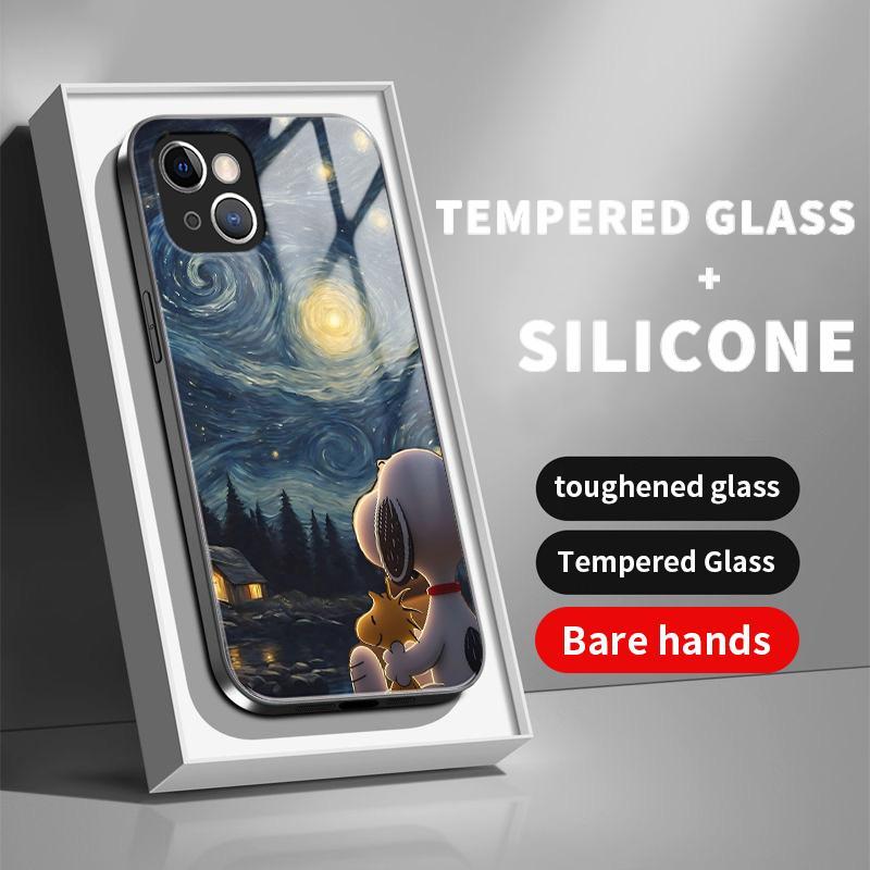 Casing Hp For Iphone 13 11 Pro Max 12 Mini 14 Plus 15 HD Glass Silikon Back Anime Snoopy Hard Case