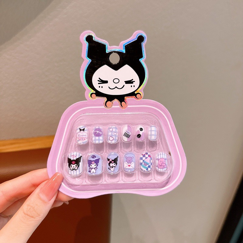 Fake Nail Art Stiker Kuku Palsu Anak Kuromi Melody Cinamoroll Set 12PCS Mainan Aksesoris Anak Peremp