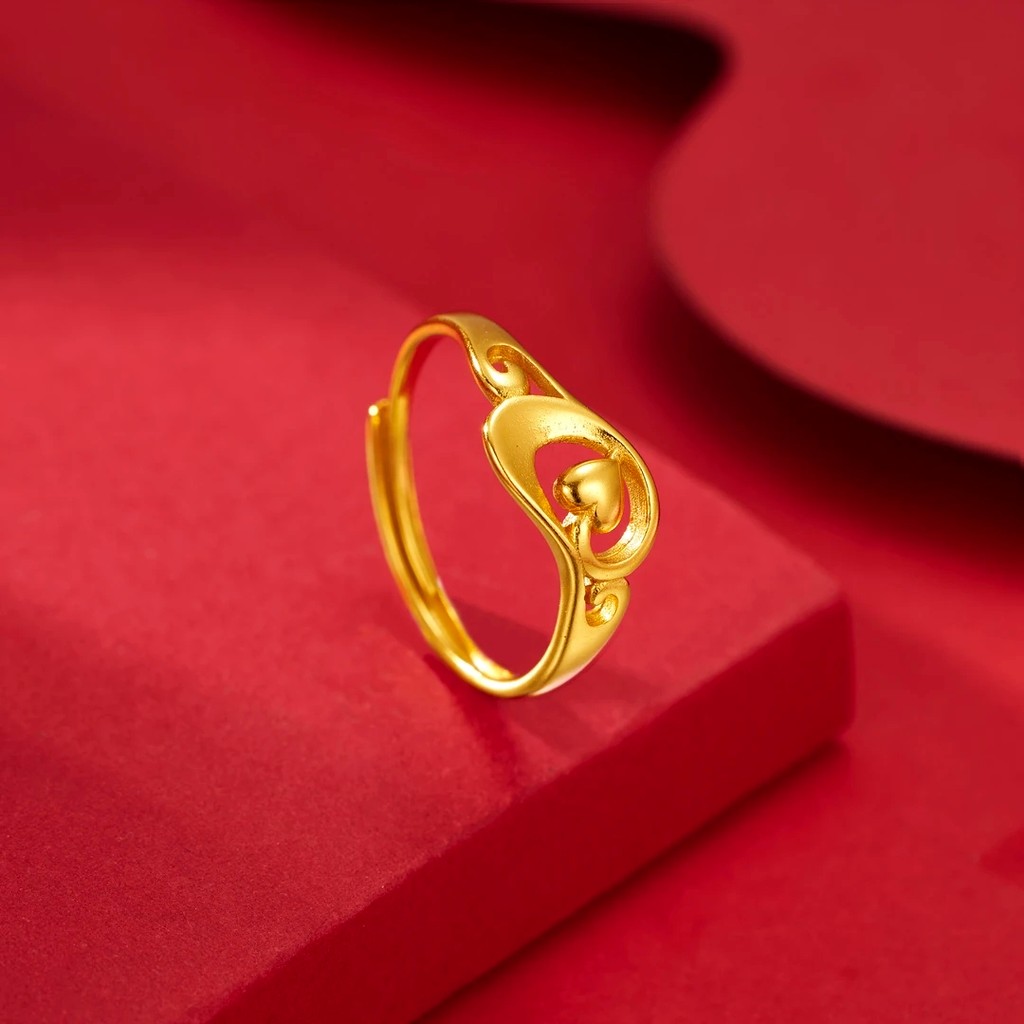 Gold-Plated Heart Ring for Women Real Gold Niche Design Heart to Heart Hollow Open Ring