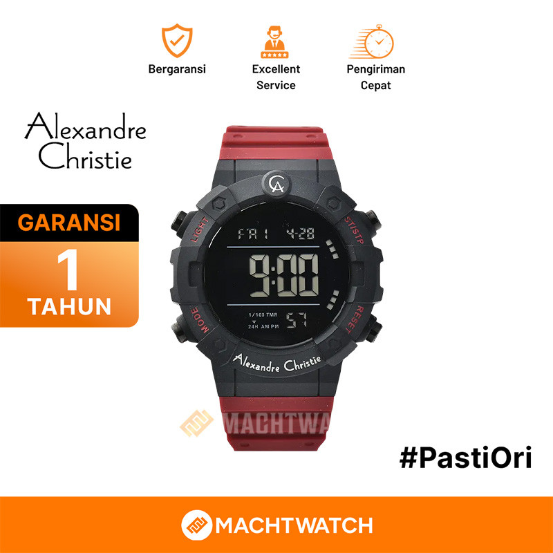 Jam Tangan Pria Alexandre Christie Digi AC 9388 MH RIPBARE Men Digital Dial Red Rubber Strap
