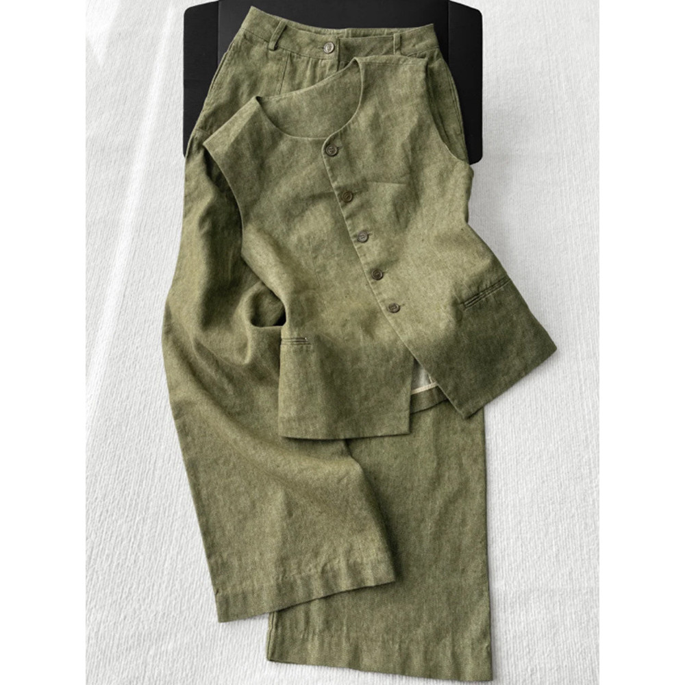 Set Rompi Linen Katun Hijau dan Celana Santai untuk Wanita