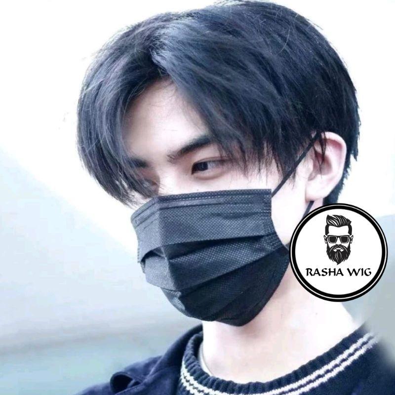 WIG PRIA KOREA RAMBUT PENDEK BELAHAN TENGAH WARNA HITAM ALAMI RAMBUT PALSU PRIA BELAHAN TENGAH