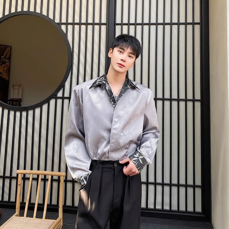 New Men's Shirt Handsome High-End Satin Jacquard Long Sleeve Shirt