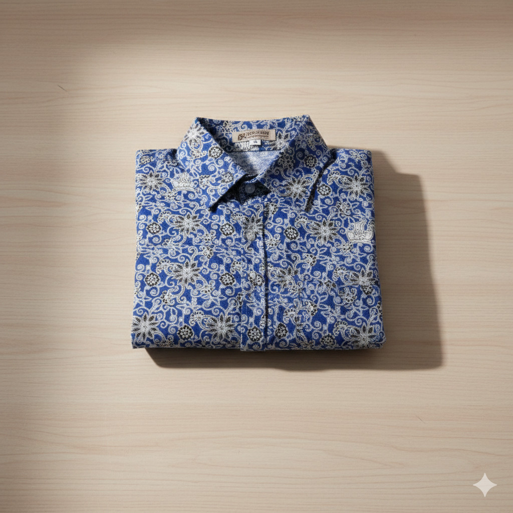 Baju Batik Sekolah Bunga Rampe Biru /Batik Sekolah Lengan Panjang Pendek