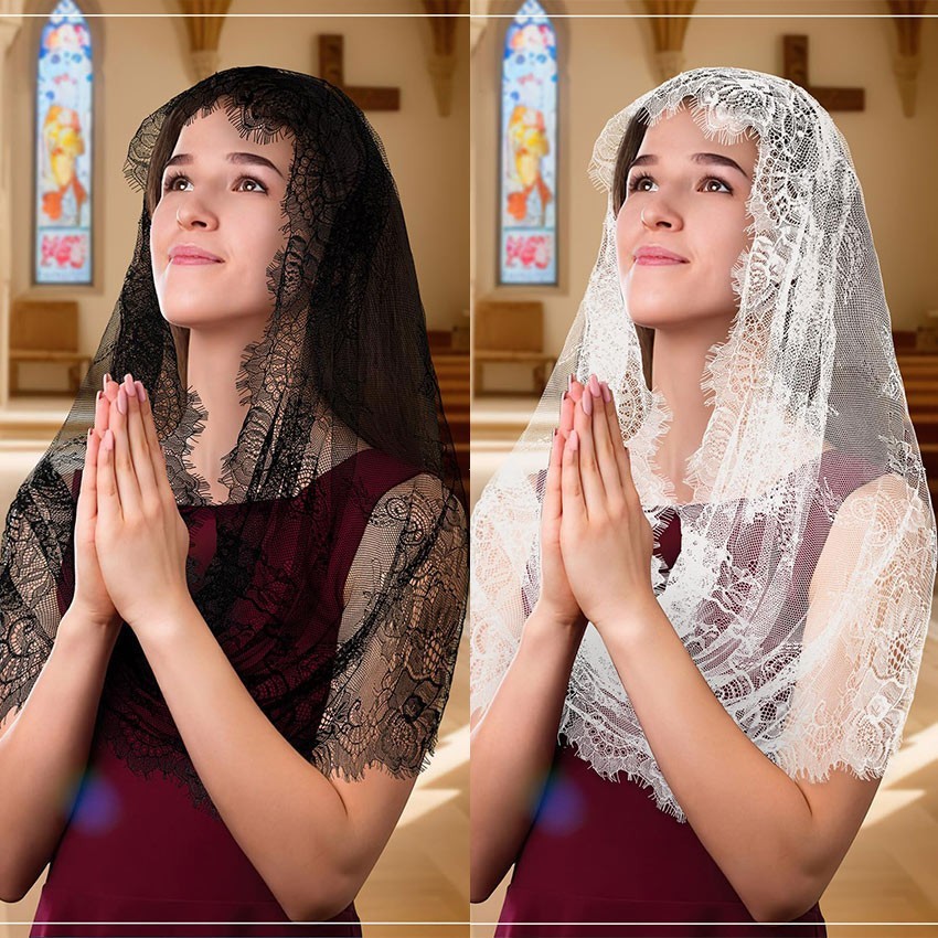 -IKIAELO- Kerudung Doa Katolik Mantilla Mantila Pasmina Lace Hijab Warna Hitam Putih Katholik
