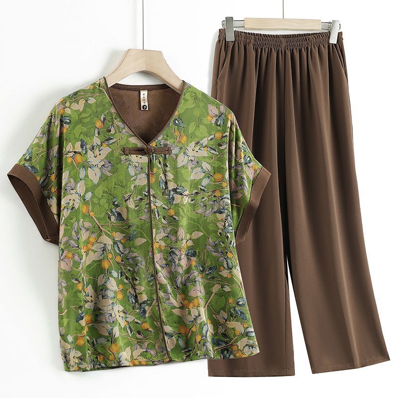 Setelan Wanita Lansia Musim Panas Model Gaya China Ukuran Besar Baju Santai Nyaman Dua Potong