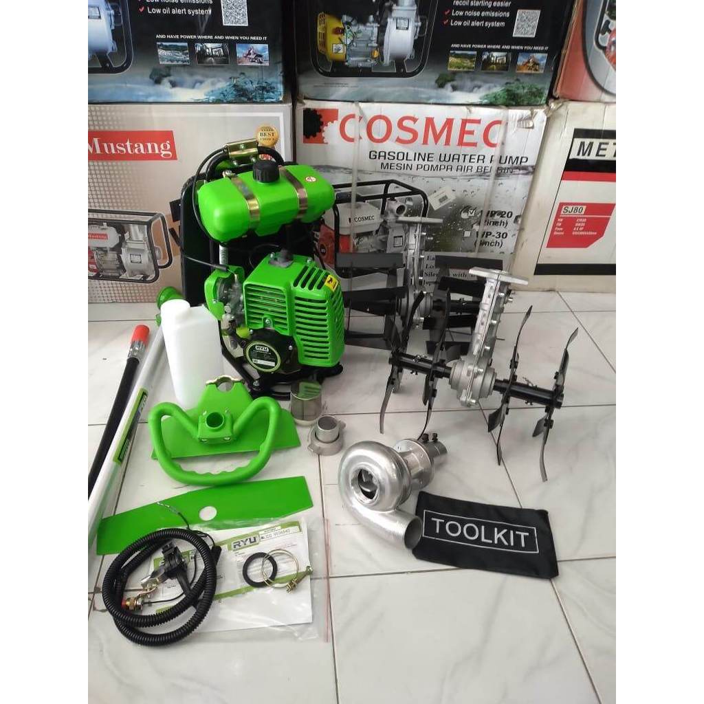 Paket(4in1)Mesin potong rumput RYU RBC2T+(2set)Cultivator bajak sawah+Pompa WP10