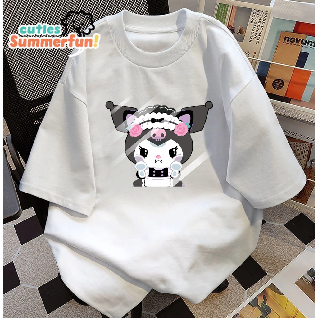 Kaos Oversize Kuromi Maid Lucu / T-shirt Wanita Motif Kartun Korea Kekinian |Kaos Putih Oversize Kur