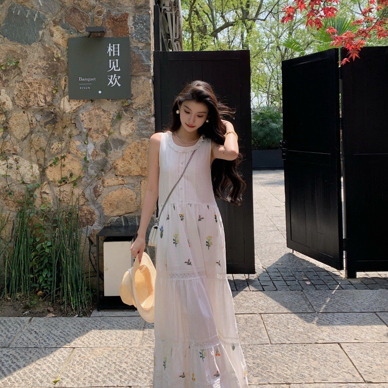 Gaun Suspender Bunga Putih Gaya Perancis Baru Rok Panjang Temperamen Rompi Wanita