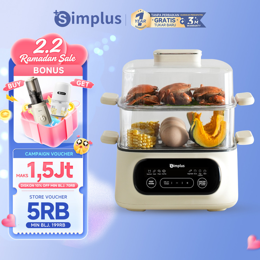 Simplus Kukusan Listrik 2 Tingkat Kukusan Kapasitas 11L Pencil Merebus & Hotpot Delay Timer 24 Jam