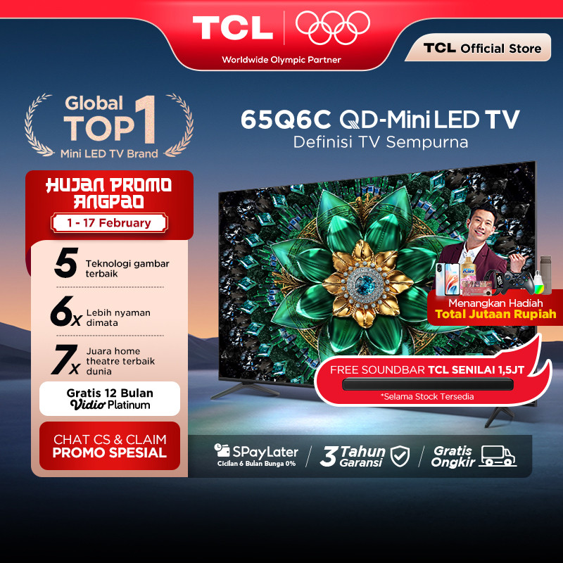 TCL 65 Inch QD-Mini LED TV Q6C - AiPQ Pro Processor - 6in1 Healthy Eye care - 144Hz - Smart Android 