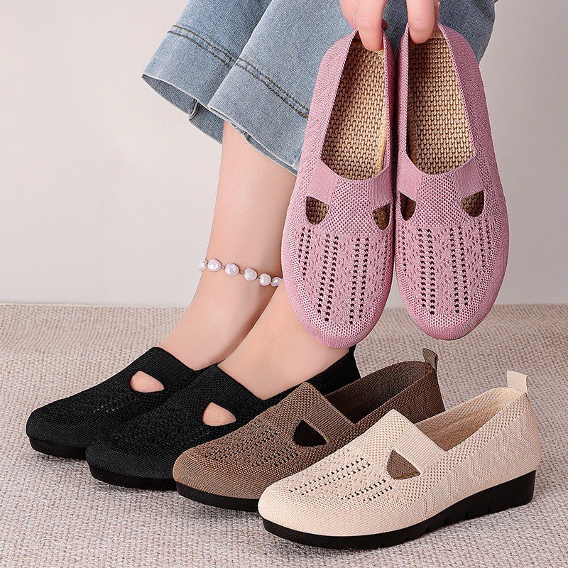 SOLWAY Sepatu Flat Shoes Rajut Wanita Slip On Sol Karet | Anti Licin Casual Formal Jalan Santai Taha
