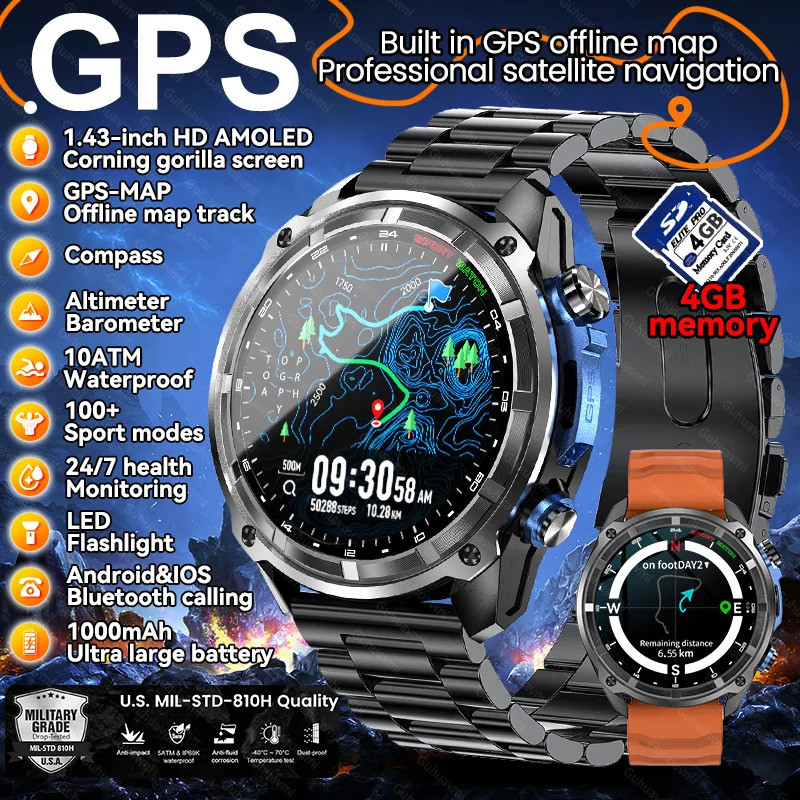 Jam Tangan Pintar Pria Baru dengan Peta GPS Offline GPS Terintegrasi Memori 4GB Layar HD Corning Gor